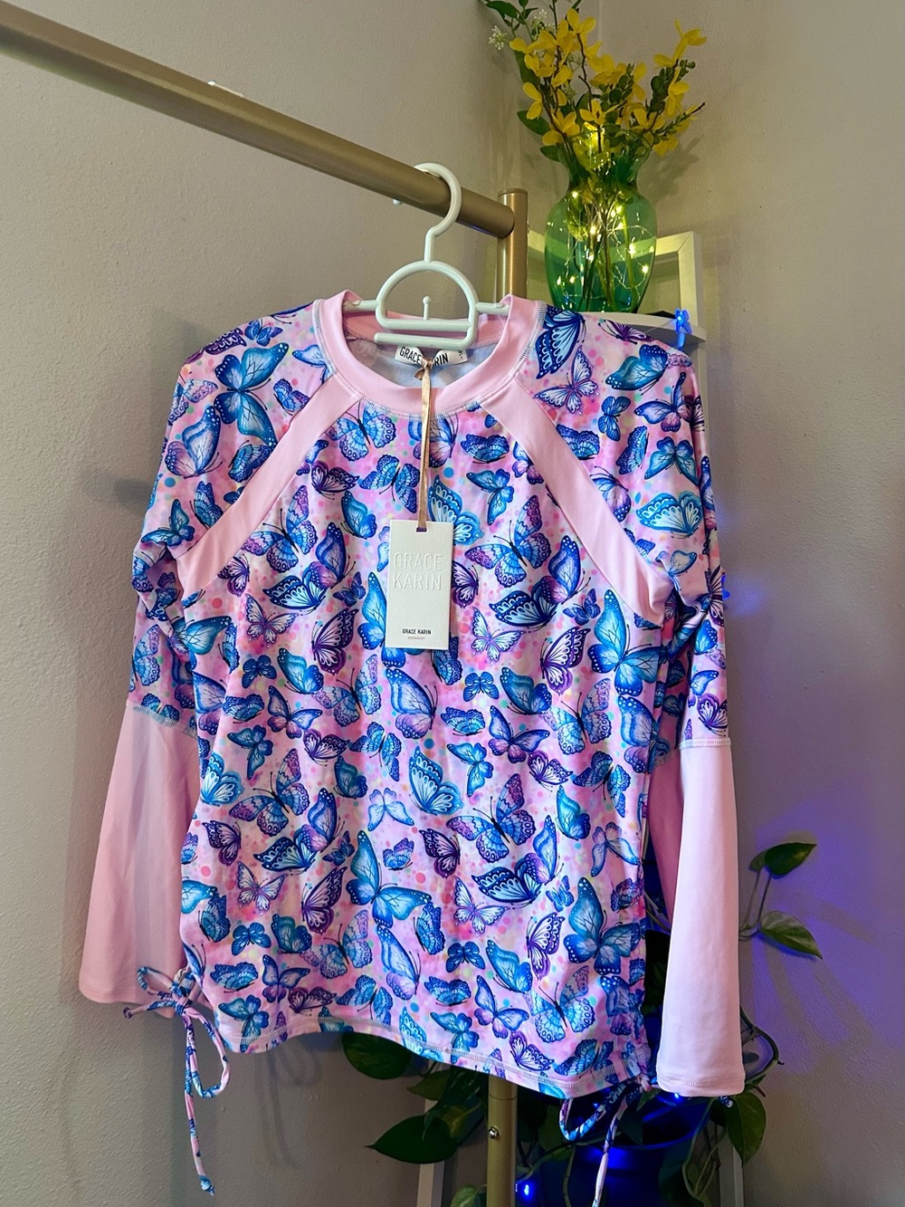 Grace Karin Pink Swim Top with Blue Butterfly Print FIT TO SM-MED WOMEN